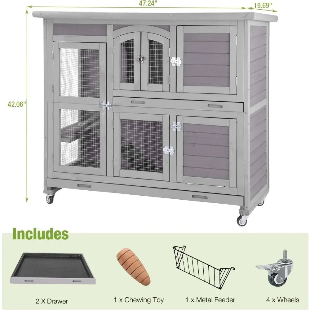 Quail Rabbit Cage Indoor Outdoor on Wheels with Tray-47inch
